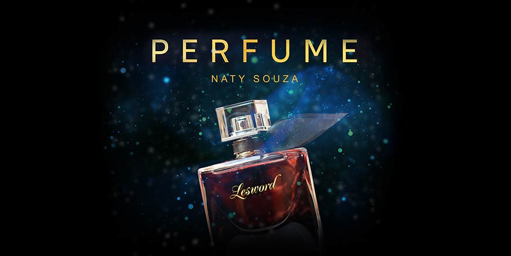 Perfume sobre um fundo negro e azul com pequenas manchas brilhosas