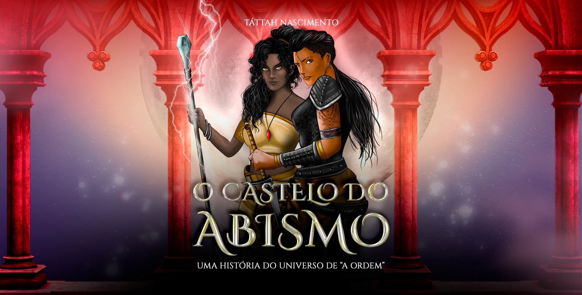 Ilustração de mulheres guerreiras, com colunas antigas e a lua cheia ao fundo.