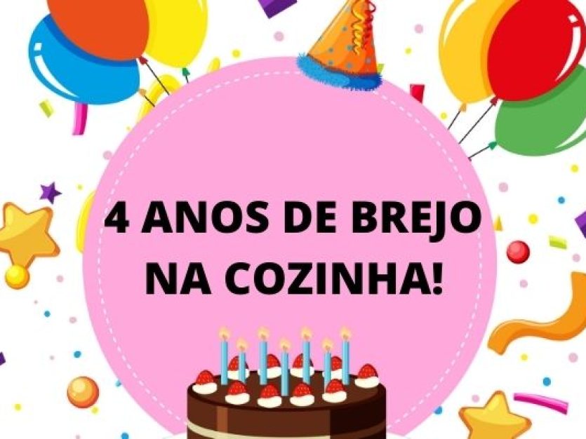 Fundo branco com ícones festivos, balões, estrelas, chapéu de festa e bolo.