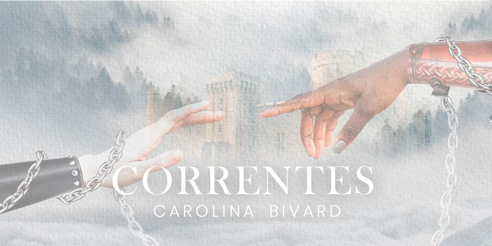 Mãos tentando se tocar, envoltas por correntes. Ao fundo a imagem desfocada de um castelo.
