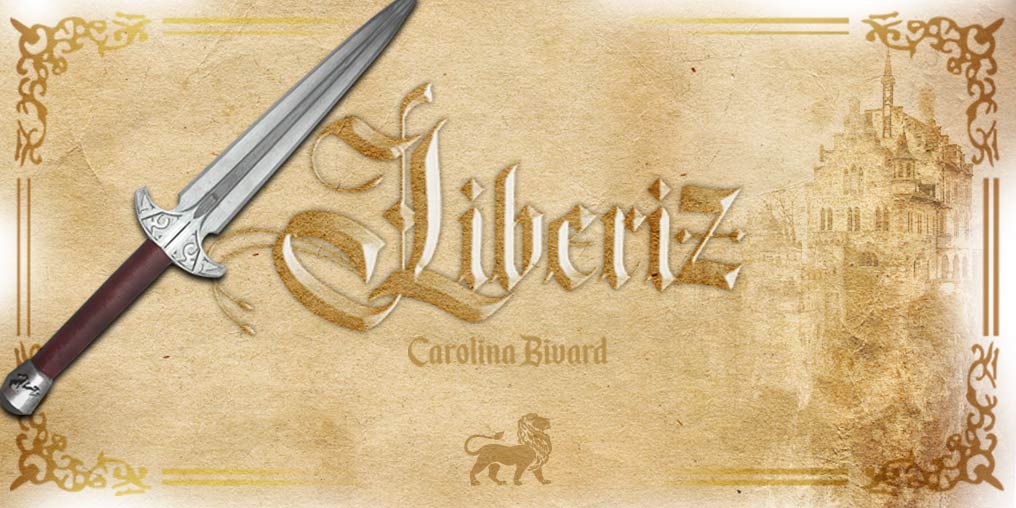 Punhal medieval sobre página amarelada decorada com arabescos, contornos de um leão e imagem de um castelo ao fundo.